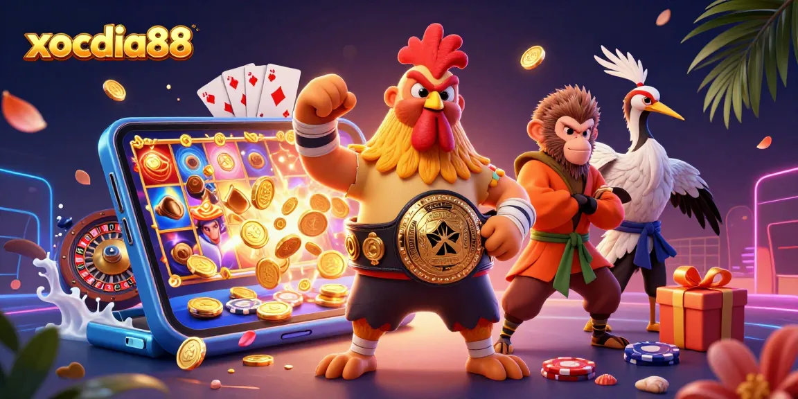 Xocdia88 presents a vibrant scene with a Muay Thai rooster and monkey martial artist playing engaging casino games.