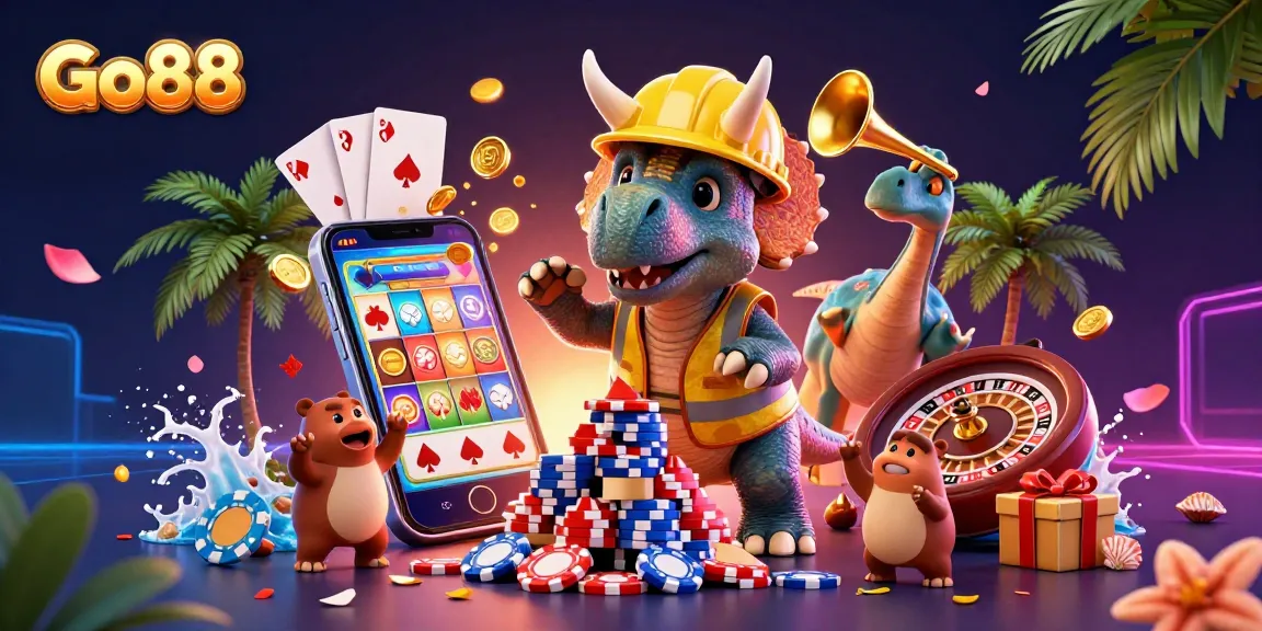 Go88 themed casino action with lively characters building poker chips and celebrating amidst gaming elements.