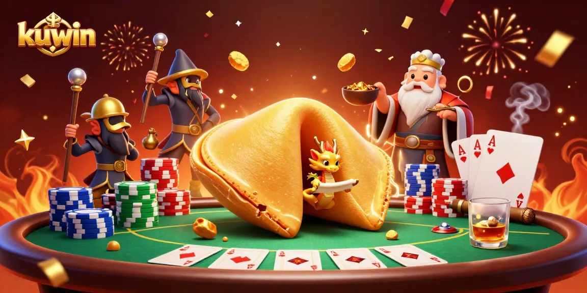 Kuwin players winning big with a vibrant 3D casino scene showcasing exciting poker and slot elements.