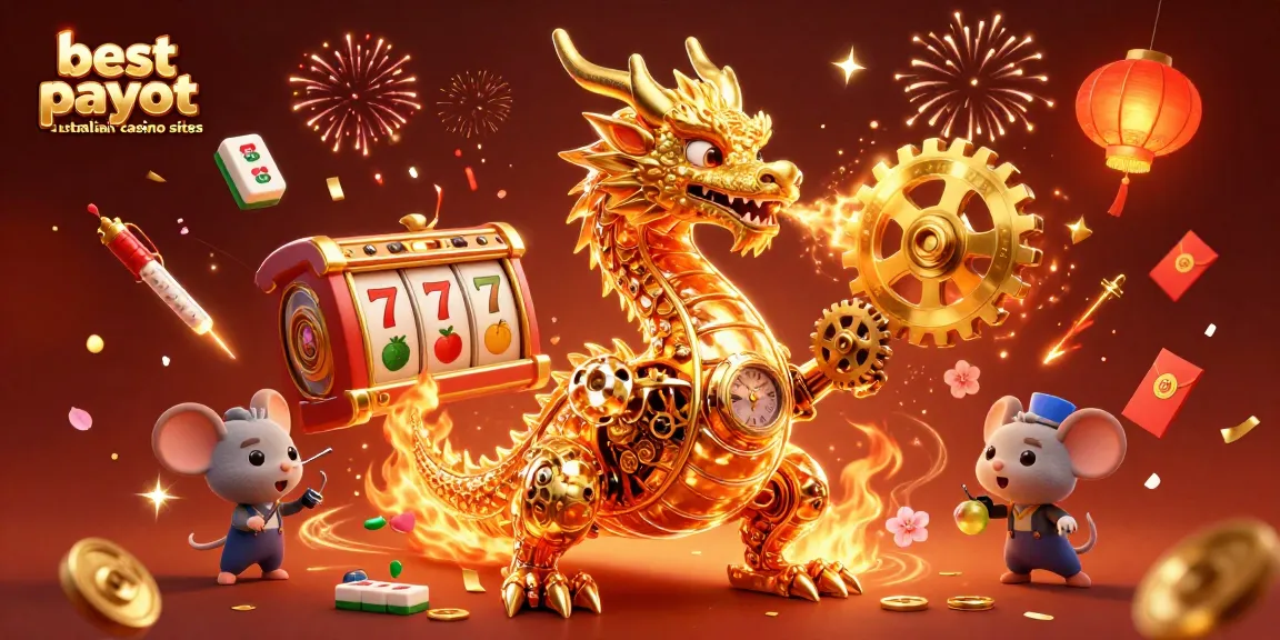 Engage with the best payout australian casino sites in an ultra-detailed 3D scene featuring a golden dragon and vibrant casino elements.