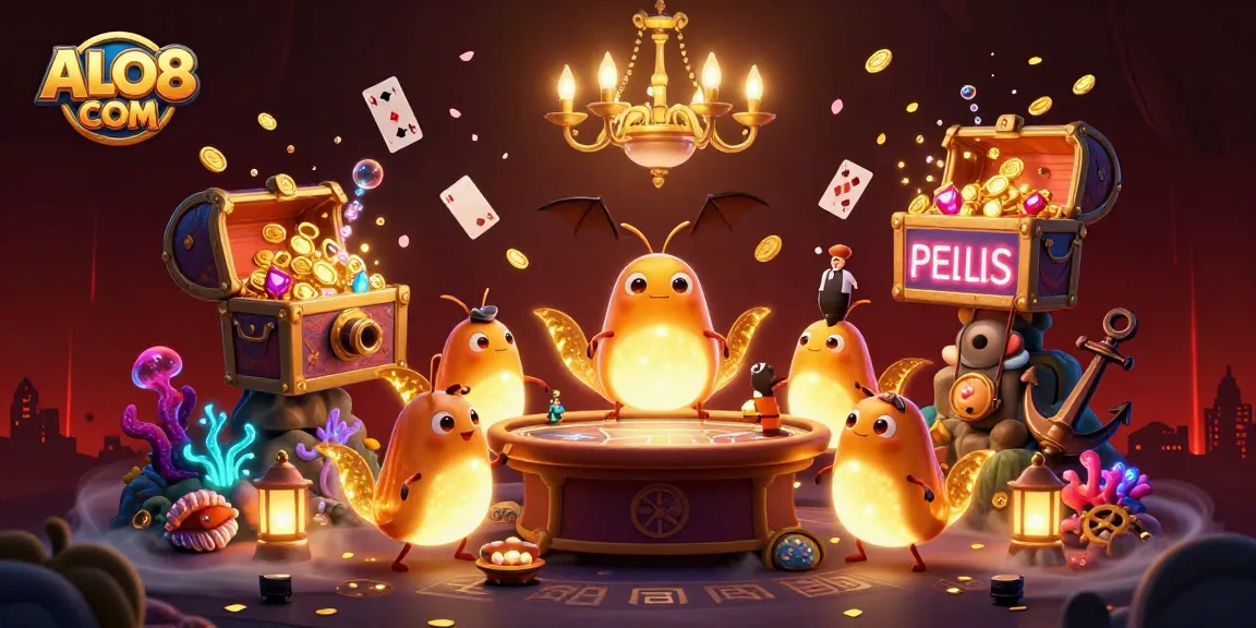 Experience thrilling gaming at ALO8 COM with glowworms illuminating a vibrant casino scene filled with treasures.