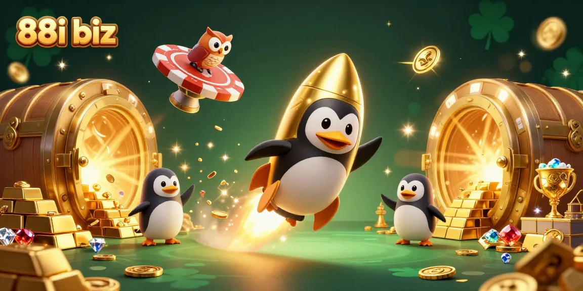 Experience thrilling gaming adventures with 88i biz, where a golden penguin flies through a dazzling casino landscape.