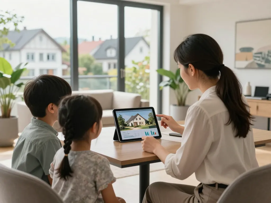 Immobilienmakler Frankfurt Preungesheim unterstützt eine Familie in einem modernen Immobilienbüro.