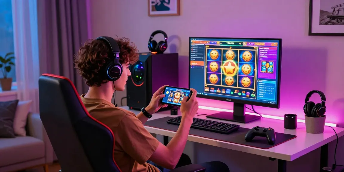 Excited player celebrating a win in deposit pulsa tanpa potongan gaming setup.