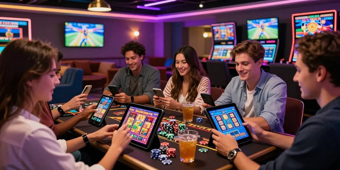 Dynamic scene of friends playing at uk casinos not on gamstop with colorful gaming screens and vibrant atmosphere.