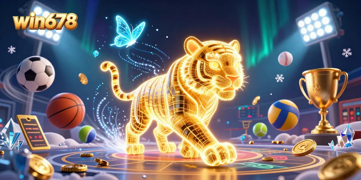 Engage with win678's exciting casino games featuring a golden tiger and neon elements.
