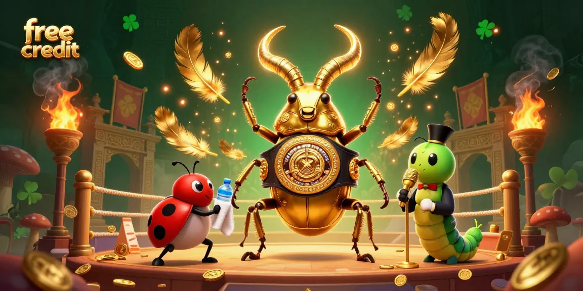 Engage with free credit bonuses at online casinos, illustrated by a giant stag beetle in a boxing ring.