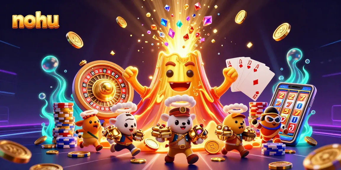 Experience the thrill of nohu as a golden volcano erupts, showering treasures in a vibrant casino scene.