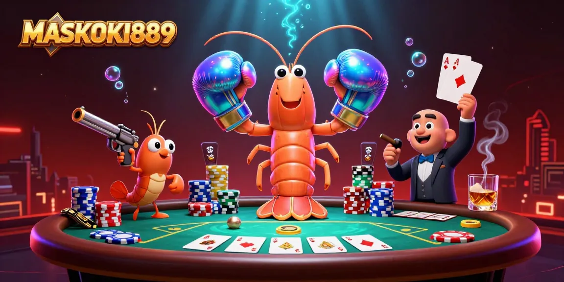 Play poker with the vibrant MASKOKI889 shrimp duo at a lively gaming table.