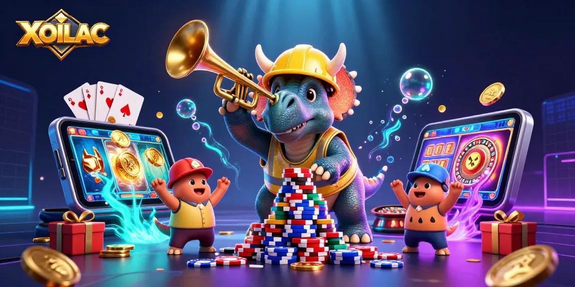 Experience exciting gaming with XOILAC as the triceratops builds poker chip towers amidst vibrant casino elements.