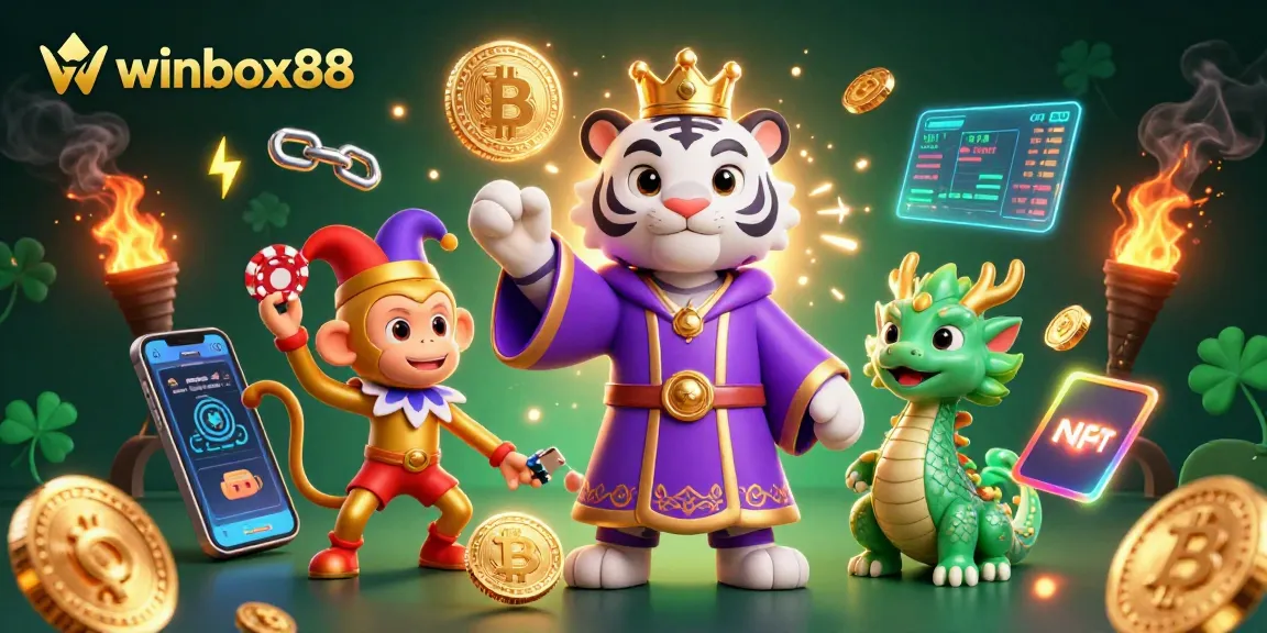 Experience excitement at winbox88 with a dazzling 3D casino scene featuring a royal tiger, monkey, and magical dragon.