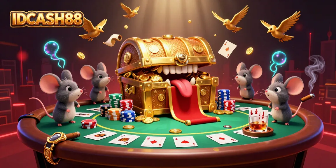 Engage with IDCASH88 through the vibrant casino adventure featuring a treasure chest and poker game.