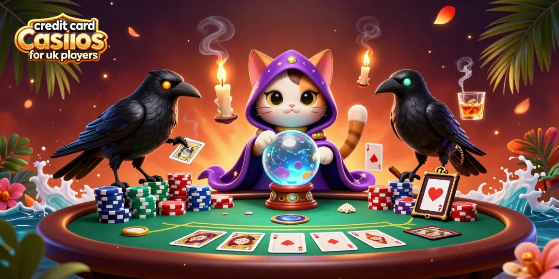 Win big at credit card casinos for UK players with vibrant casino-themed 3D illustration featuring fortune teller cats and poker elements.