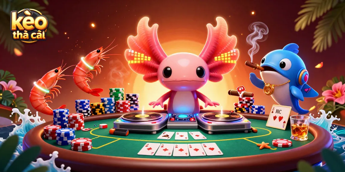 Experience the excitement of kèo nhà cái with vibrant characters at a lively underwater poker scene.
