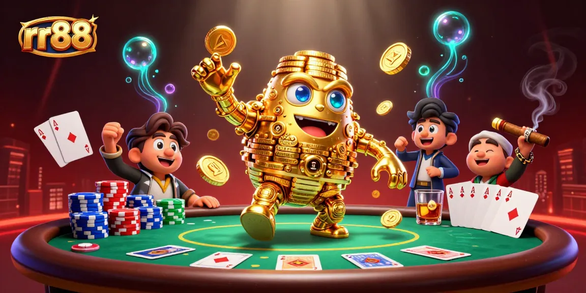 Win big at rr88 with a dynamic golden golem and high-stakes poker elements in an engaging casino scene.