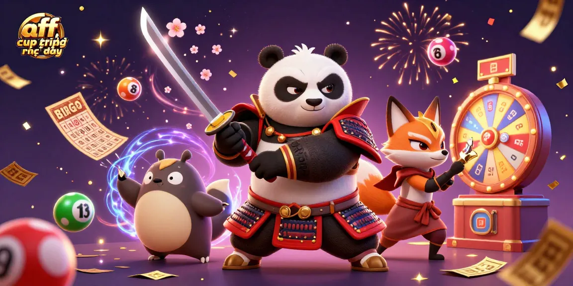 Experience the excitement of aff cup trực tiếp with a dynamic scene featuring a samurai panda and a ninja fox, surrounded by casino elements.