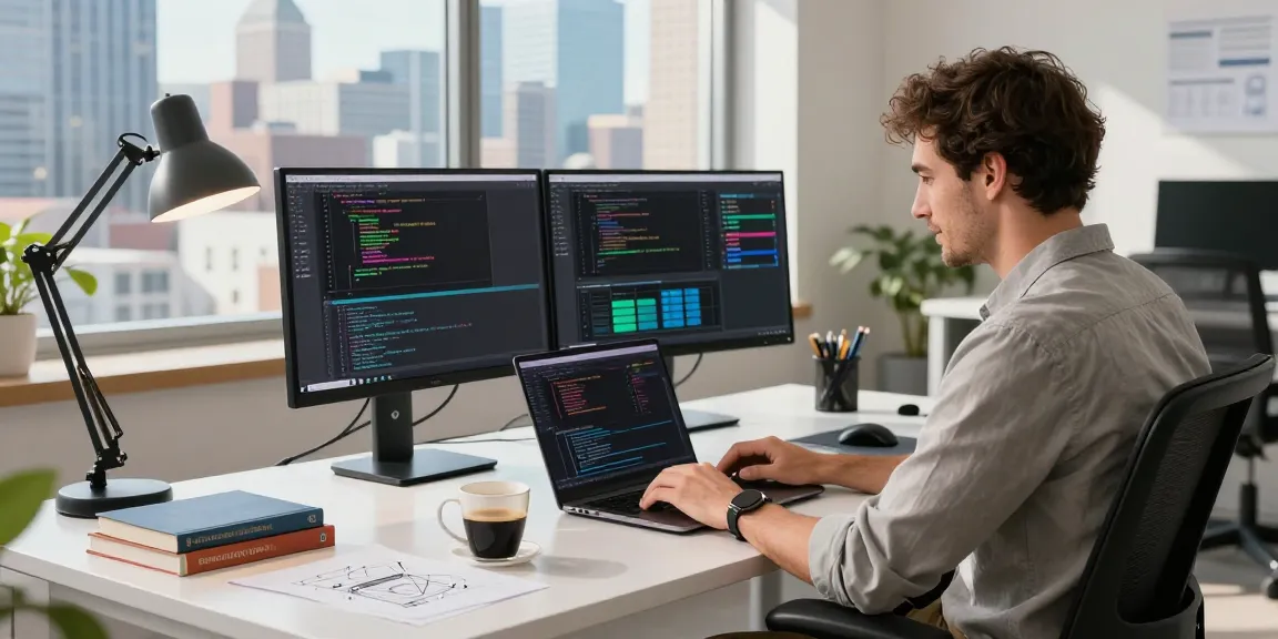 Developer coding on laptop in modern office environment showcasing teiegramin.com technology.