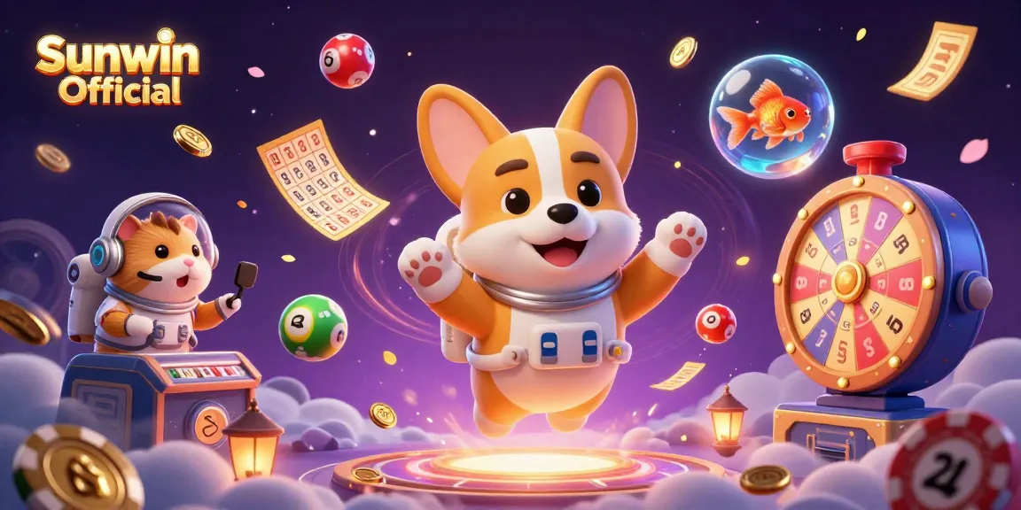 Experience Sunwin Official in a vibrant space casino with a floating corgi and exciting game elements.