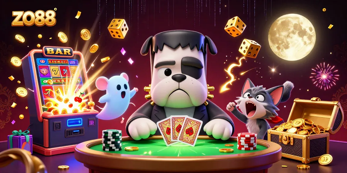 Experience thrilling games at zo88 with a lively illustration of a unique casino scene.