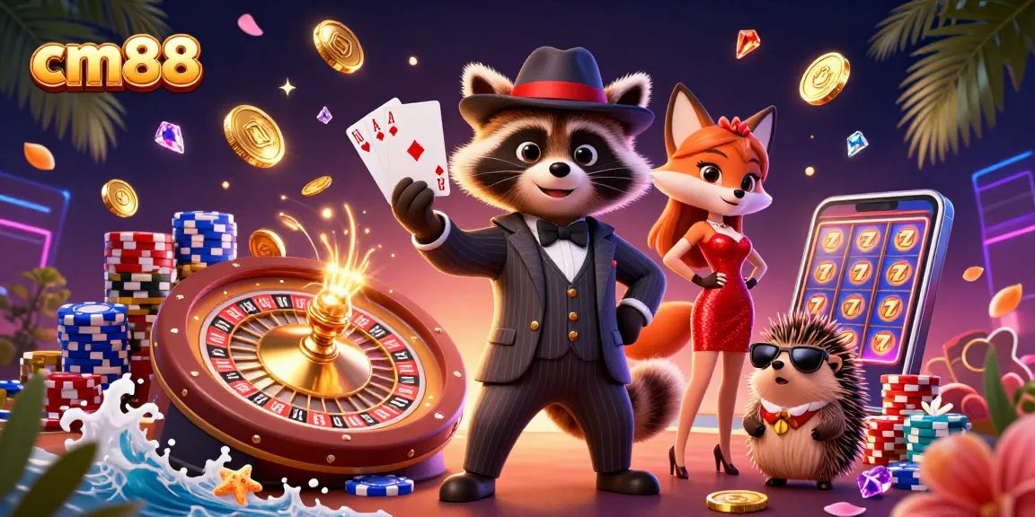 Experience excitement at cm88 with a suave raccoon in a suit holding a royal flush amidst casino elements.
