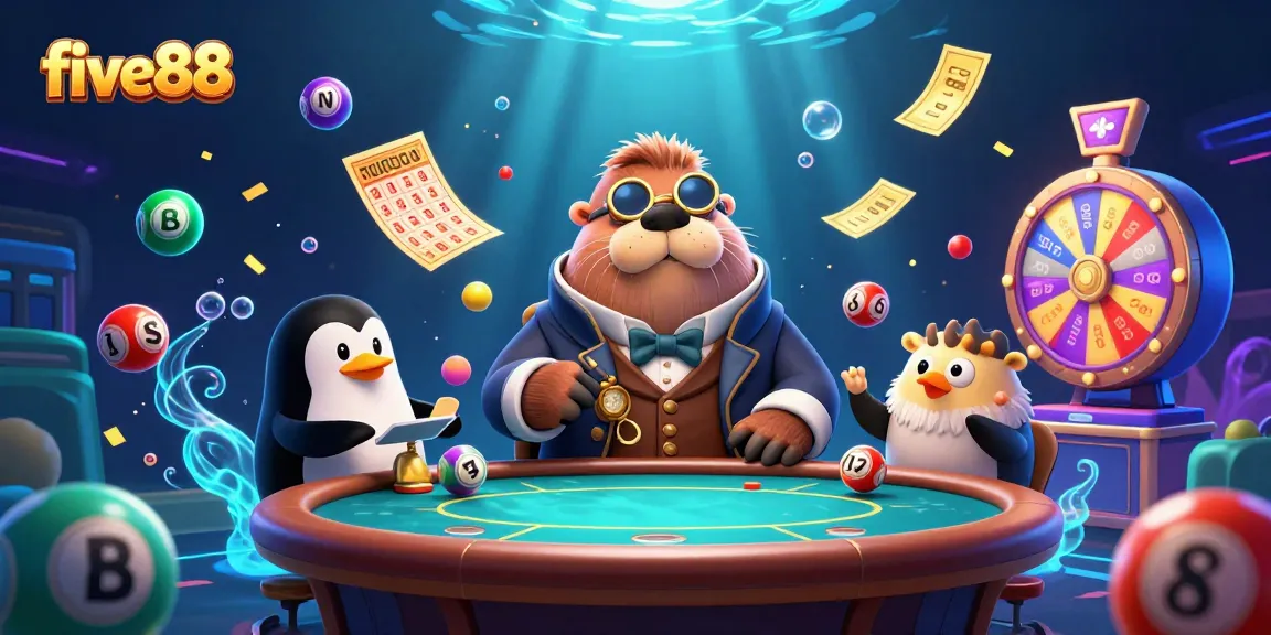 Experience five88 with a vibrant underwater poker game featuring a walrus, penguin dealer, and playful pufferfish.