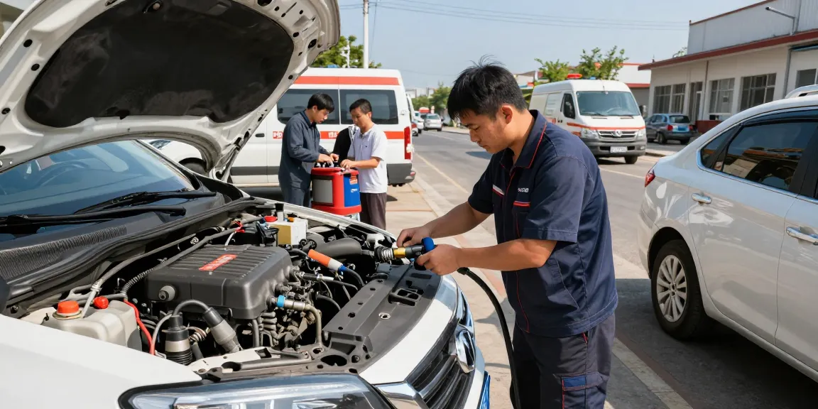 Expert technician assisting a diesel car that has petrol in its tank, demonstrating professional fuel recovery service.