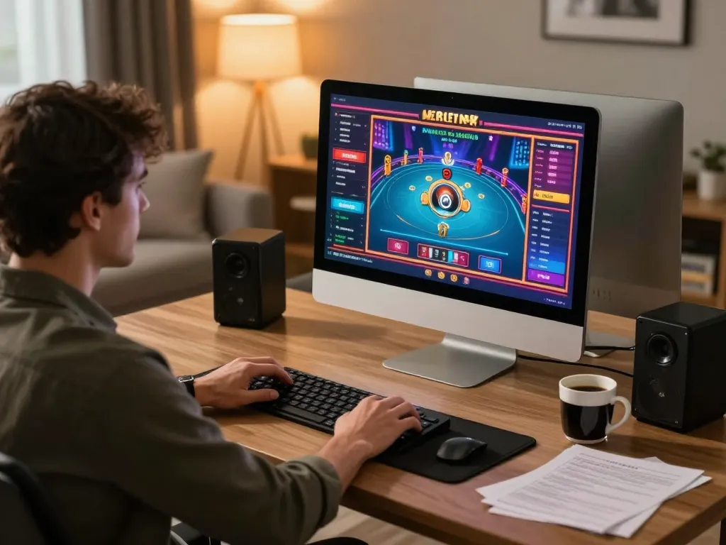 Player enjoying online casino games with KJC on sleek desktop setup in modern home