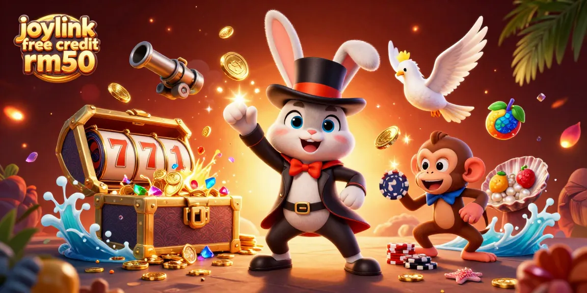 Catch the excitement of joylink free credit rm50 with a magician, dove, and monkey in a vibrant casino scene.