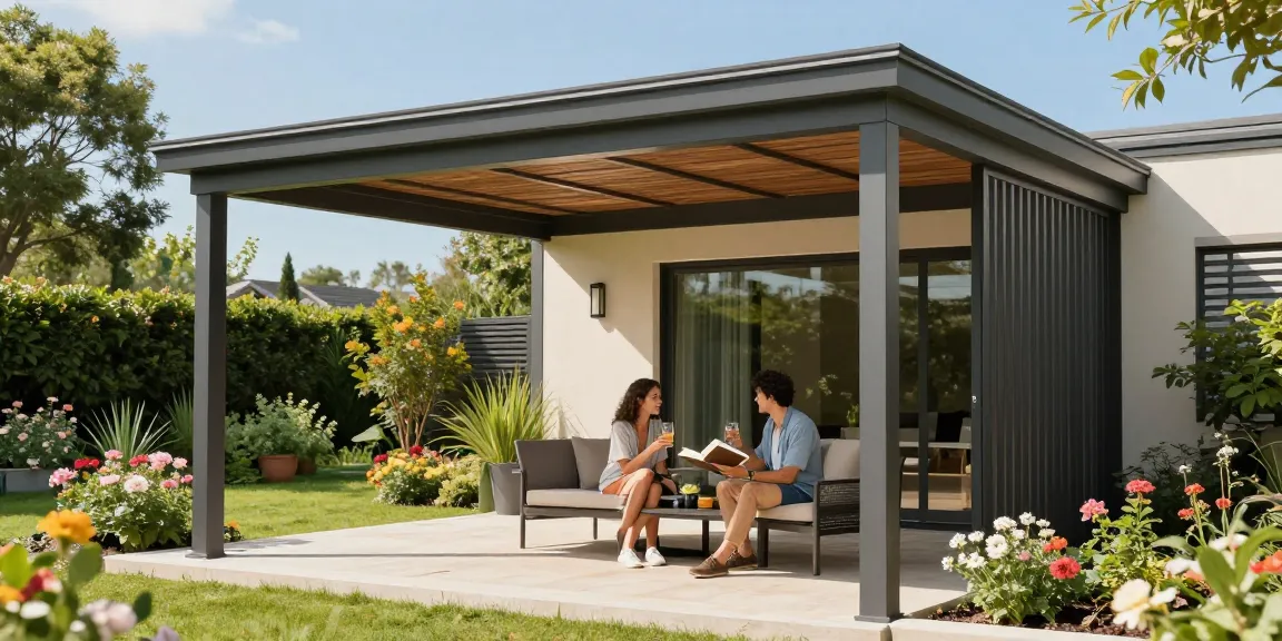 Freistehende Terrassenüberdachung in einem einladenden Garten mit Paar, das entspannt Zeit unter dem Dach verbringt.