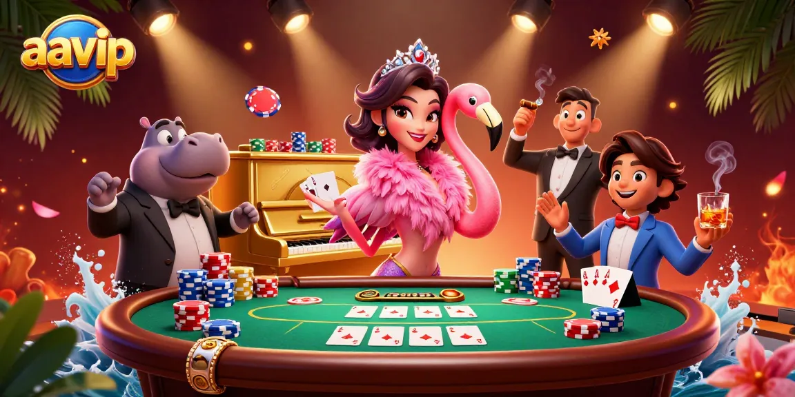 Engage with the vibrant entertainment at aavip, where a lively flamingo and hippo perform in a casino setting.