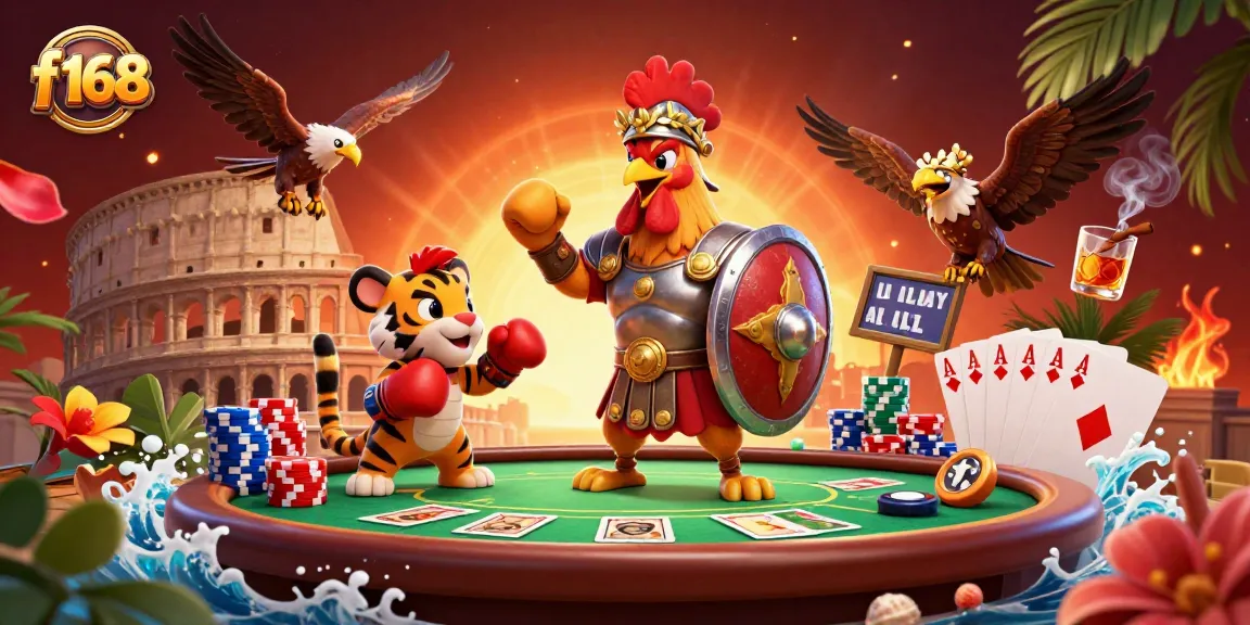 Engage with f168's vibrant gambling world featuring a 3D rooster warrior, poker elements, and lively casino atmosphere.