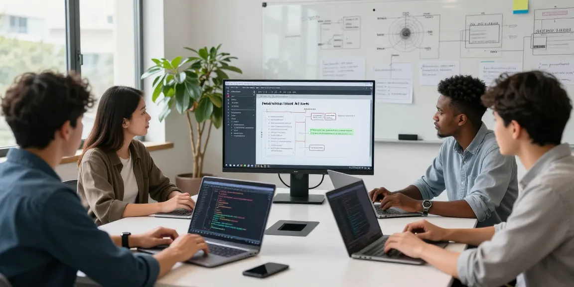 Diverse team collaborating to build internal tools with AI in a bright, modern workspace.