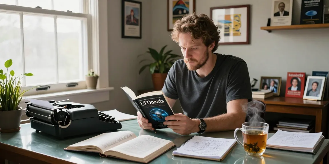 Engaging scene of T Allen Greenfield at his desk, exploring spirituality and UFOs, as highlighted on https://tallengreenfield.com.