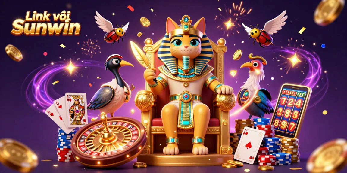 Experience gaming excitement with Link vào Sunwin chính thức featuring animated elements like a pharaoh cat at a gold throne.