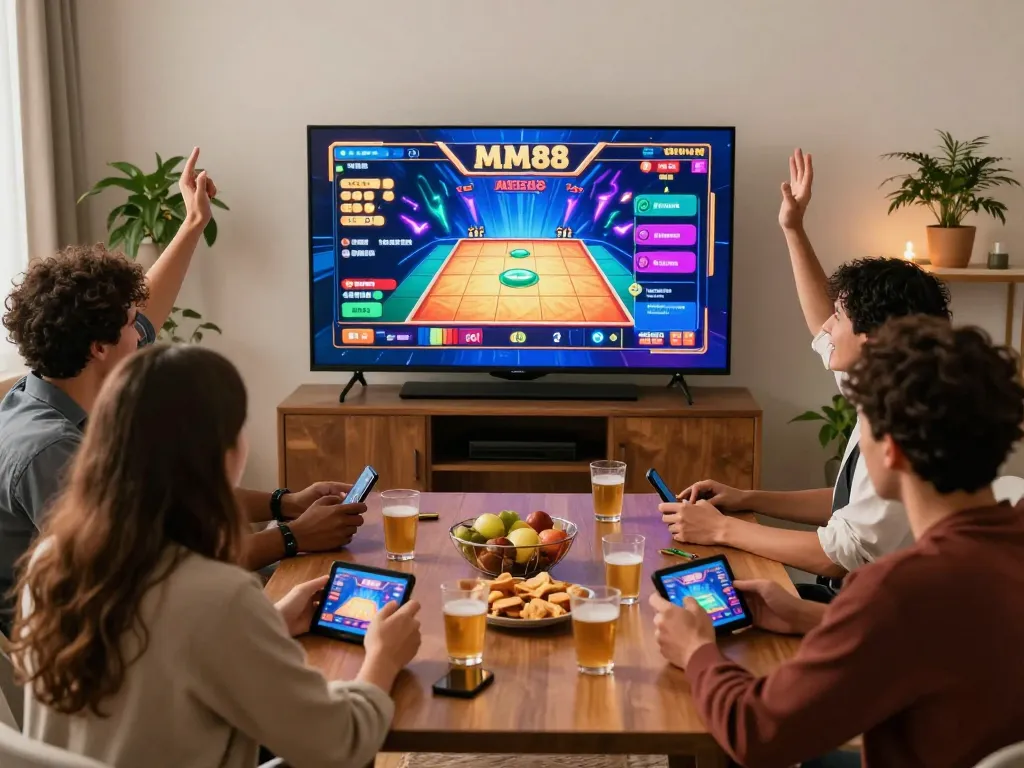 Exciting MM88 online gaming environment with friends celebrating a win.