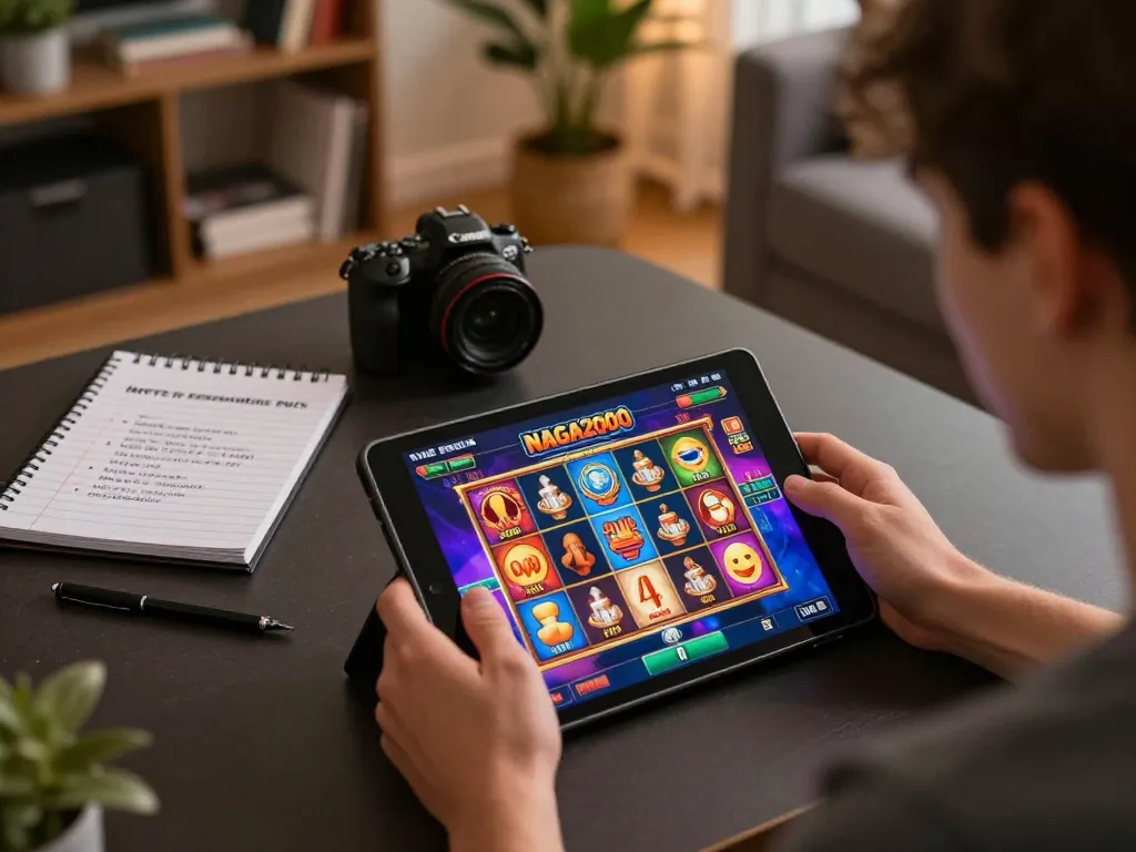 NAGA2000 player engaging in exciting online slot games in a cozy living room
