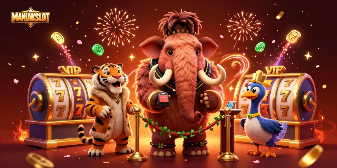 Experience the thrill of MANIAKSLOT with a vibrant casino scene featuring dynamic characters and lucky gaming elements.