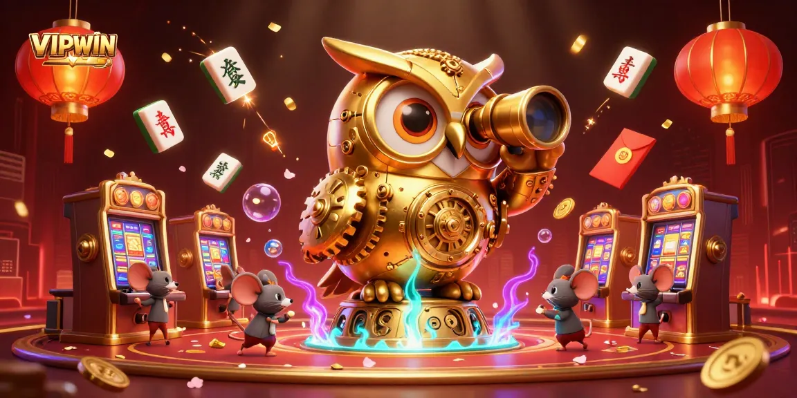 Experience VIPWIN's casino thrill with a captivating illustration of an owl and a bustling floor of excitement.