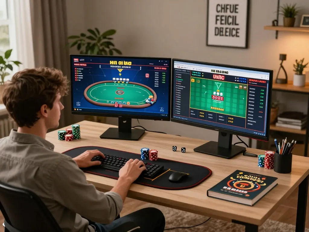 OKFUN player engaged in online sports betting and poker at home, showcasing strategy and excitement.