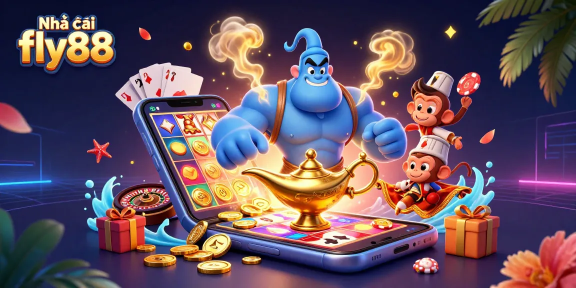 Nhà cái fly88 features a high-energy 3D scene with a genie, monkey, and poker chips.