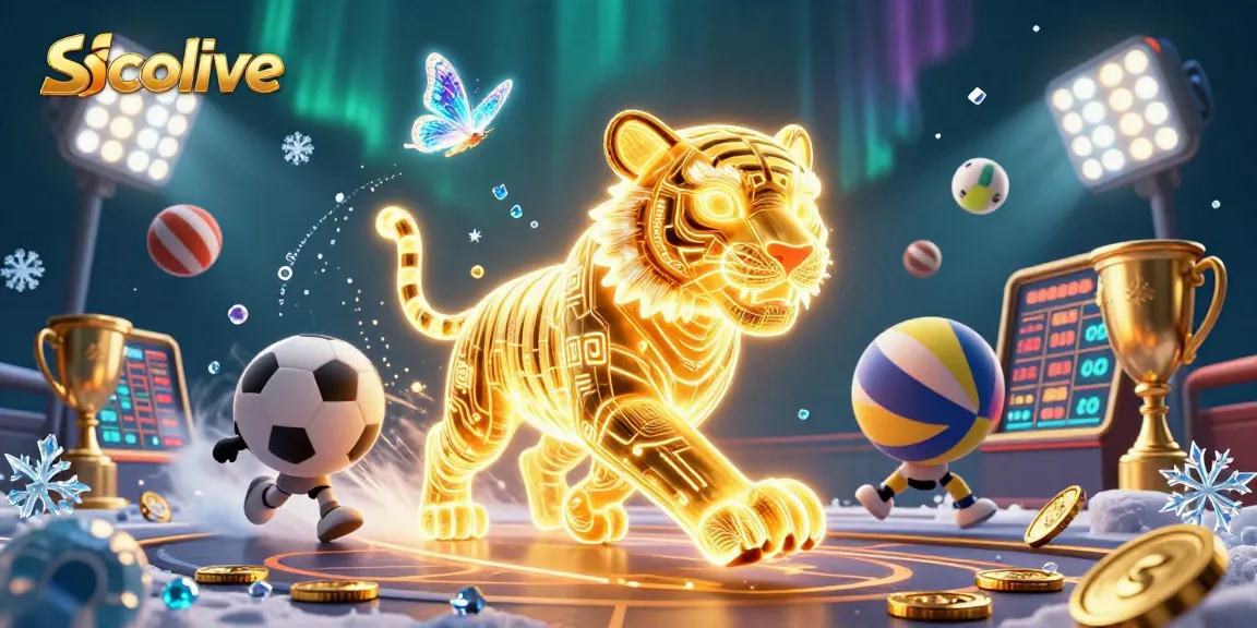 Socolive features a neon-wireframe golden tiger and sports elements in a digital casino scene.