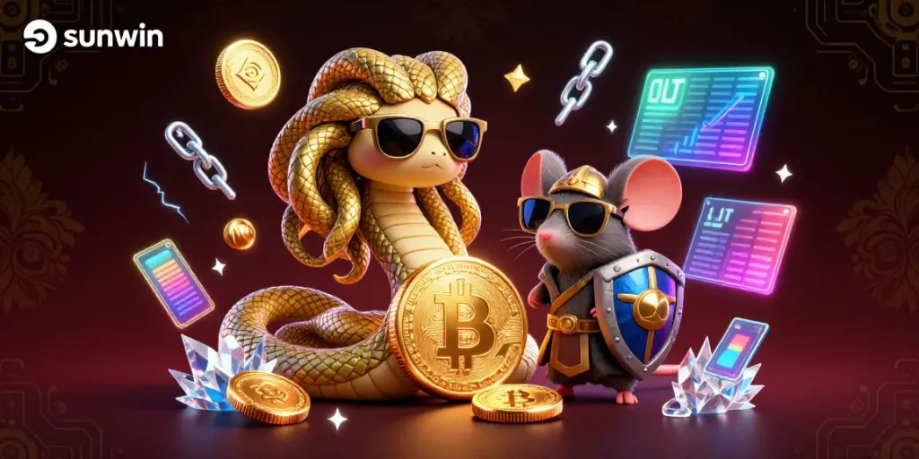 Engaging casino scene with sunwin branding featuring Medusa and a mouse surrounded by cryptocurrency elements.