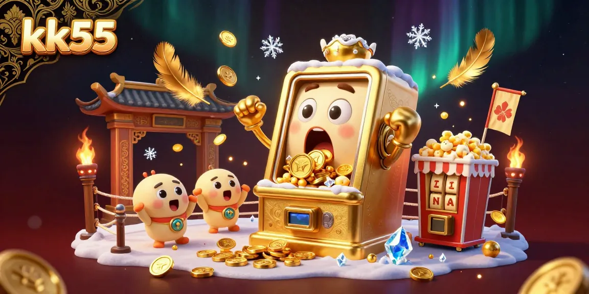 kk55 slot machine hitting the jackpot, surrounded by cheering mini slots and colorful casino elements