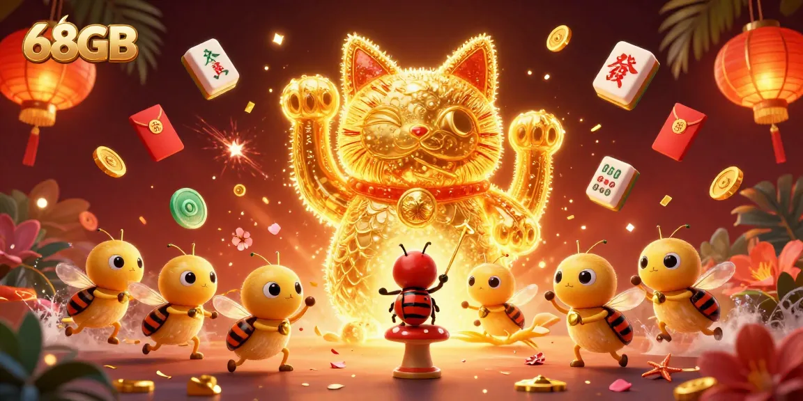 Engage with 68GB's vibrant casino universe featuring a giant lucky cat surrounded by dynamic game elements.