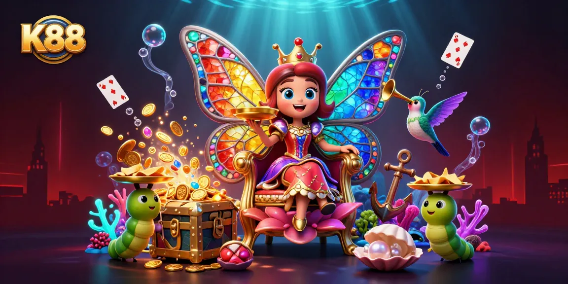 K88 casino scene featuring a butterfly queen, vibrant colors, gold chips, and playing cards.