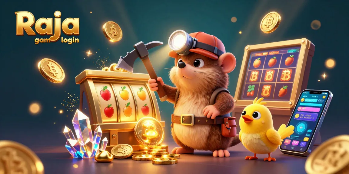 Engage in thrilling slots with Raja game login, amidst vibrant treasures and gold coins.