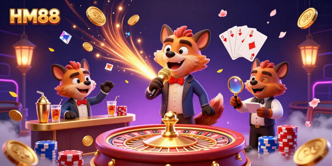 Engage with HM88's vibrant casino scene featuring hyenas in comedic roles surrounded by sparkling gems and golden coins.