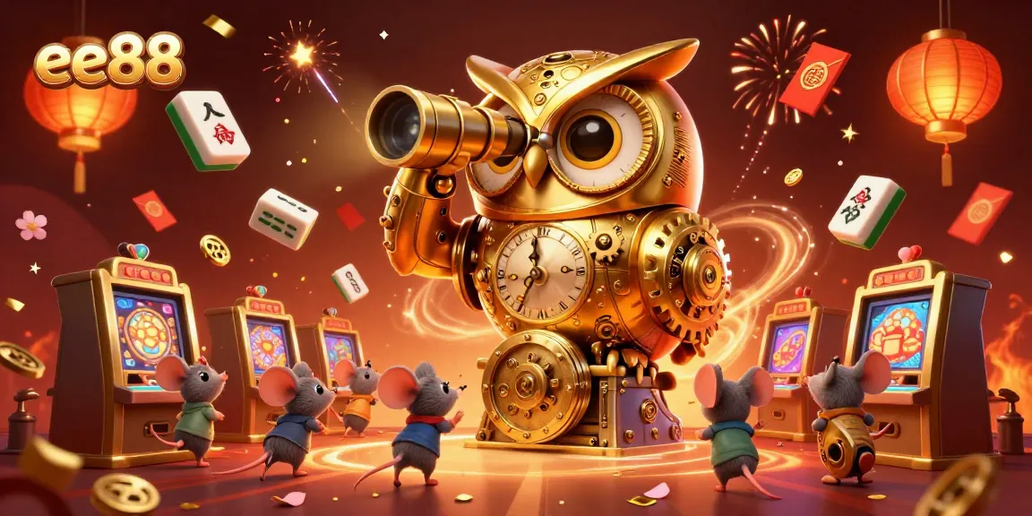 Experience ee88's vibrant casino world with a golden owl and charming mouse patrons amidst colorful gaming elements.