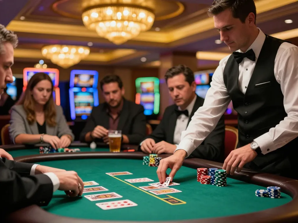 Players engaging in a thrilling game of blackjack at a busy Vegas casino featuring da88, focusing on strategy and excitement