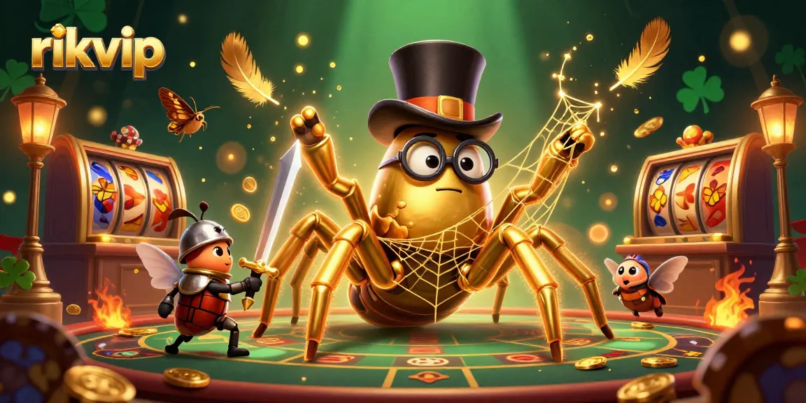 Experience the thrill of rikvip with a golden tarantula and beetle knight in a vibrant casino scene.